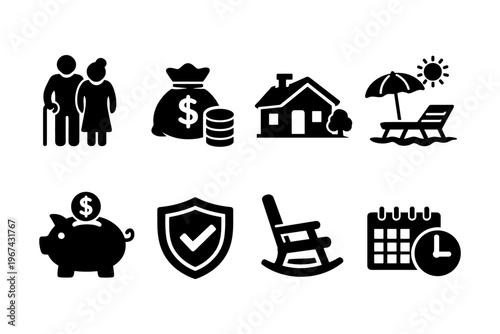 Retirement planning icons showing savings, home, and leisure activities