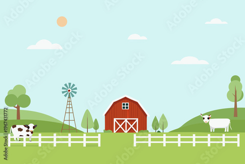 A peaceful farm scene with cows a barn and a bright sunny day