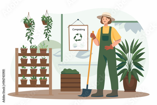A gardener proudly displays composting setup amidst lush indoor plants