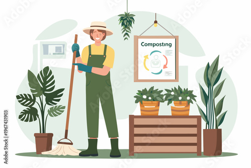 A gardener stands with tools near composting information and thriving plants