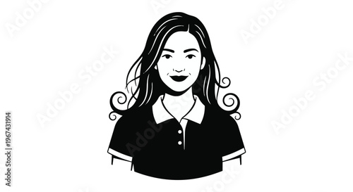 Black and white illustration of a smiling woman with long hair
