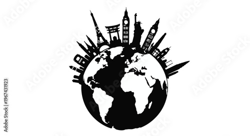 Black silhouette of globe with famous landmarks
