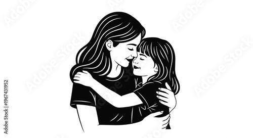 Black and white illustration of a woman hugging a little girl