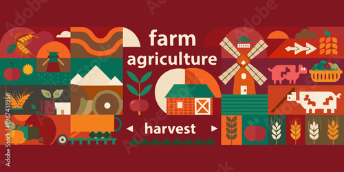 A colorful geometric illustration depicting various elements of farm life