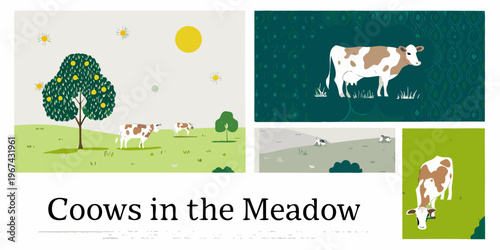 Stylized illustration featuring cows trees and a sunny meadow landscape