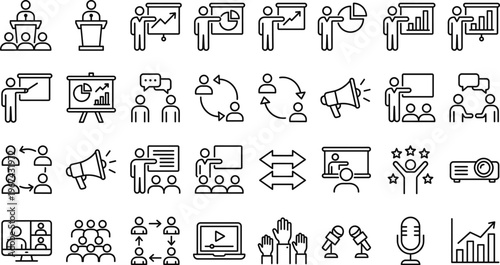 Business Presentation, Communication, and Collaboration Icons Set with Charts, Graphs, Discussion, Public Speaking, and Video Conferencing Symbols for Websites, Apps, and Digital Media Designs