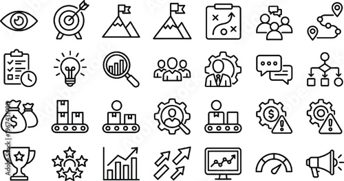 Business Process Management Icons Set with Analysis, Target, SWOT, Financial Planning, Teamwork, and Risk Assessment Symbols for Websites, Apps, and Digital Media Designs