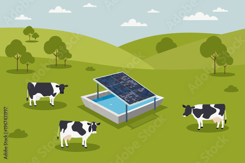 Solar panel providing water for cows grazing in a green pasture
