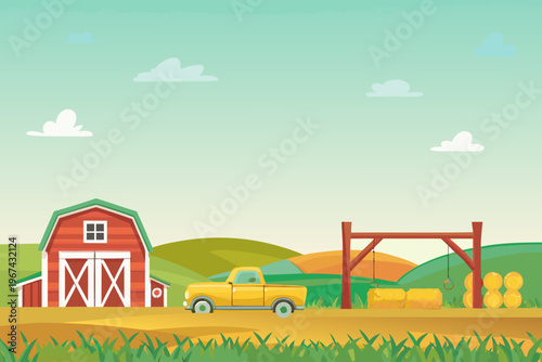 A peaceful country landscape featuring a barn truck and hay bales