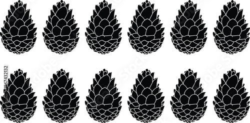 Pine cone silhouettes in decorative pattern, black vector illustration, nature artwork background design for forest, botanical and seasonal themes