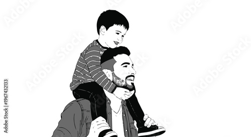 A grayscale illustration of a man carrying a child on his shoulders