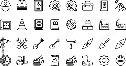 Construction Safety, Tools, and Industrial Icons Set with Hard Hat, Wrench, Safety Vest, Factory, Building, and Machinery Symbols for Websites, Apps, and Digital Media Designs
