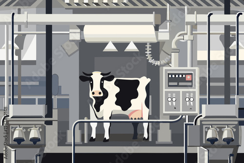 A black and white cow stands within a futuristic automated milking system