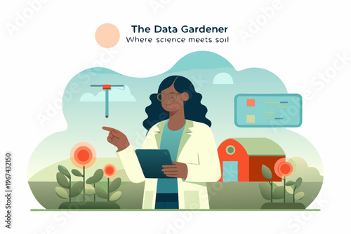 A data scientist examines agricultural data using modern technology in a field