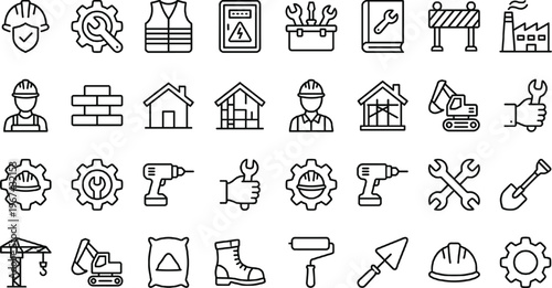 Construction, Tools, and Safety Icons Set with Hard Hat, Wrench, Drill, Building, and Industrial Equipment Symbols for Websites, Apps, and Digital Media Designs