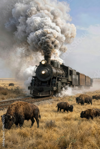 A herd of buffalo roams the American Great Plains, framed by a vintage train with billowing clouds of steam