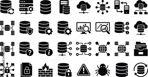 Data Management and Security Icon Set with Servers, Databases, Cloud, Firewall, Encryption, and Protection Symbols for Websites, Apps, and Digital Media Designs