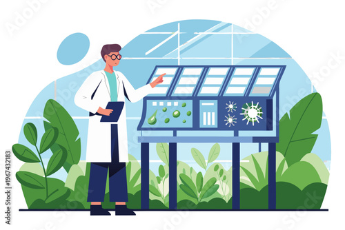 Scientist examining plant growth in a modern greenhouse environment