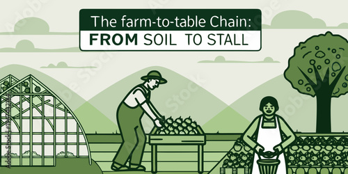 Illustration depicts the farm to table process from growing to market stalls