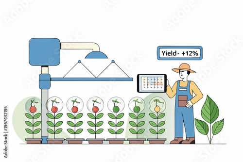Smart farming illustration showing automated system and increased crop yield