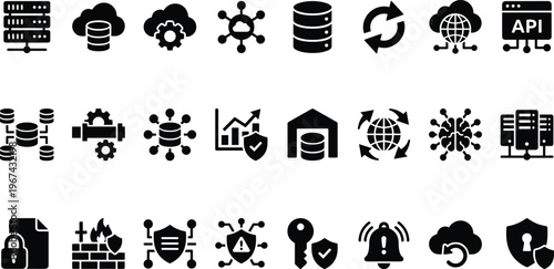 Data Security and Cloud Computing Icon Set with Servers, Database, Cloud, API, Protection, and Encryption Symbols for Websites, Apps, and Digital Media Designs