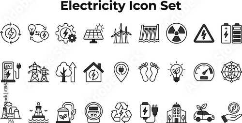 Electricity and Energy Icon Set with Solar, Wind, Electric Vehicle, Battery, Power, and Environmental Protection Symbols for Websites, Apps, and Digital Media Designs