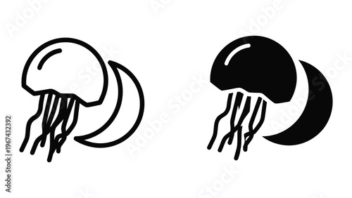 Contrasting black and white illustrations of a jellyfish with long trailing tendrils