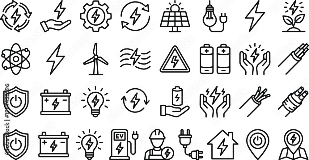 Fototapeta premium Renewable Energy and Power Icon Set with Solar, Wind, Battery, Electric Vehicle, and Eco-friendly Power Symbols for Websites, Apps, and Digital Media Designs