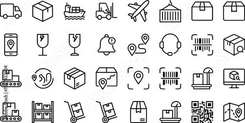 Logistics, Delivery, and Tracking Icons Set with Shipping, Barcode Scanning, Cargo, QR Code, and Warehouse Management Symbols for Websites, Apps, and Digital Media Designs