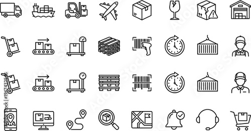 Logistics, Shipping, and Inventory Management Icons Set with Cargo, Barcode, Delivery Tracking, Packaging, and Warehouse Symbols for Websites, Apps, and Digital Media Designs