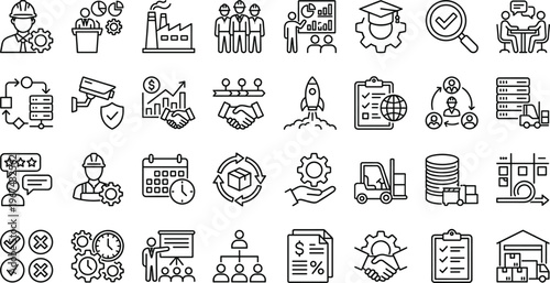 Project Management and Teamwork Icon Set with Factory, Workforce, Collaboration, Task Tracking, and Business Growth Symbols for Websites, Apps, and Digital Media Designs