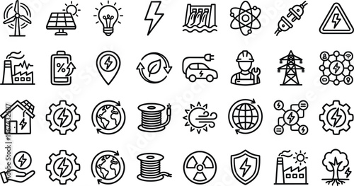 Renewable Energy and Eco-friendly Power Icon Set with Solar, Wind, Battery, Electric Vehicle, and Environmental Protection Symbols for Websites, Apps, and Digital Media Designs