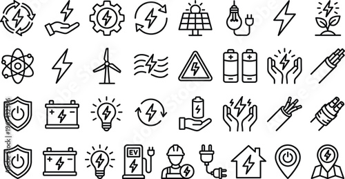 Renewable Energy and Power Icon Set with Solar, Wind, Battery, Electric Vehicle, and Eco-friendly Power Symbols for Websites, Apps, and Digital Media Designs
