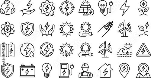 Renewable Energy and Power Icon Set with Solar, Wind, Battery, Energy Shield, and Green Power Symbols for Websites, Apps, and Digital Media Designs