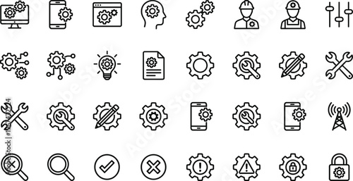 technology, settings, gear, search, configuration, tools, network, maintenance, system, troubleshooting, magnifying glass, security, smartphone, computer, document, error, lock, wireless, s