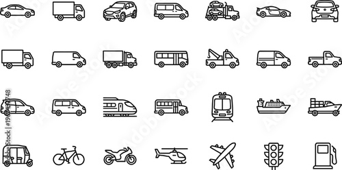 Transportation and Vehicle Icons Set with Cars, Trucks, Buses, Motorcycles, Trains, Boats, Airplanes, and Fuel Stations for Websites, Apps, and Digital Media Designs