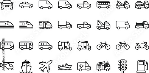 Transportation and Vehicle Icons Set with Cars, Trucks, Buses, Trains, Motorcycles, Ambulances, and Fueling Stations for Websites, Apps, and Digital Media Designs