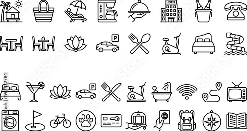 Set of business vector icons and web pictograms featuring computer sign symbols and hand illustrations for internet design