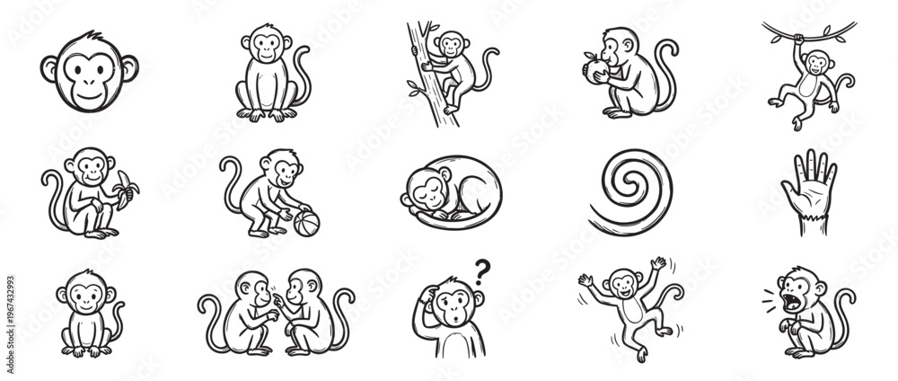 Fototapeta premium Collection of various cute cartoon monkey illustrations in different poses and expressions, rendered in a simple black and white outline style