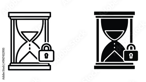 Contrast of time management and security with hourglass and padlock icons