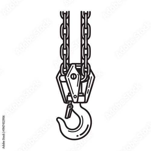Heavy duty industrial crane hook with steel chains for lifting cargo and logistical operations representing construction site equipment and maritime port loading infrastructure