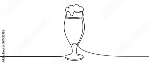 Single continuous line drawing of a tall beer glass with frothy foam on top, presented in a minimalist style