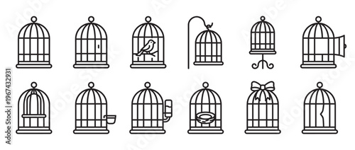 Collection of various simple black outline bird cage icons, including one with a bird, a feeder, and an open door