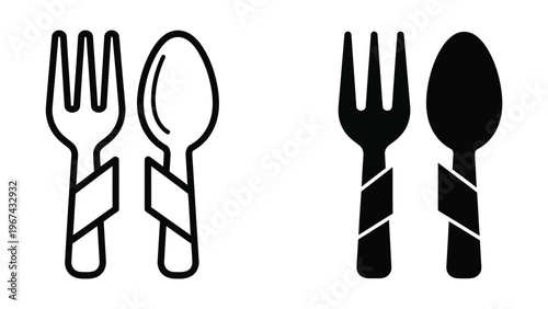 Contrasting black and white outline of cutlery set with striped handles