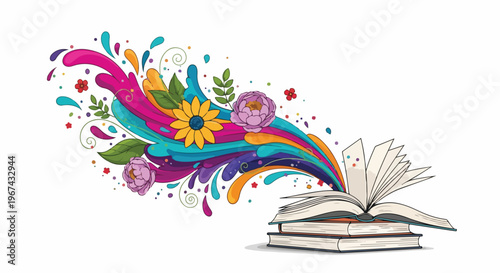 Illustration of a vibrant floral design emerging from an open book on a white background, representing a creative and imaginative world of learning on a special day.