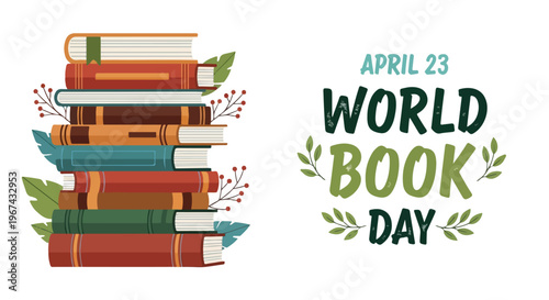 Colorful stack of books with World Book Day logo on a celebratory background, symbolizing reading and literacy.