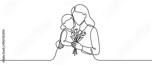 Beautiful continuous line drawing of a mother and daughter embracing, holding a bouquet of tulips, symbolizing love and family