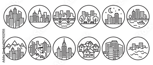 Collection of twelve diverse city and town landscape line art icons, each depicting urban and suburban scenes within a circular frame