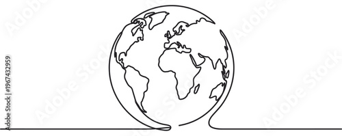 Simple continuous line drawing of the Earth globe, showing continents in a minimalist, elegant style