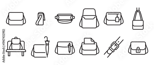 Collection of various simple black outline icons representing different types of bags and accessories, presented clearly